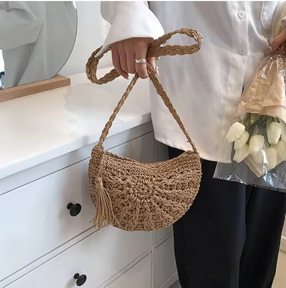 Boho Half-Round Weave Straw Tassel Bag - The Boho Body