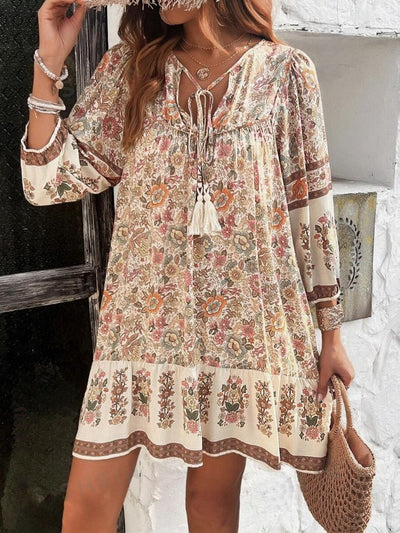 Floral Print Tie Neck Midi Bohemian Smock Dress