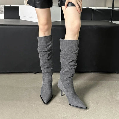 Denim Knee High Thin Heel Stiletto Boots