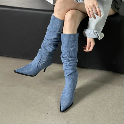 Denim Knee High Thin Heel Stiletto Boots