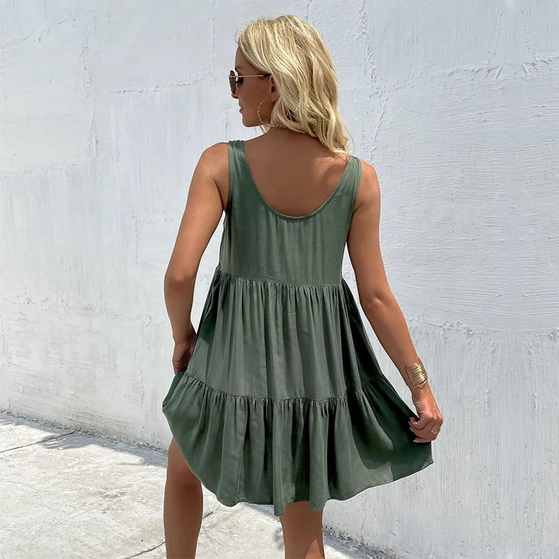 Ruffle Dress Solid Colour O Neck Sleeveless Smock Dress With Pocket