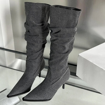 Denim Knee High Thin Heel Stiletto Boots