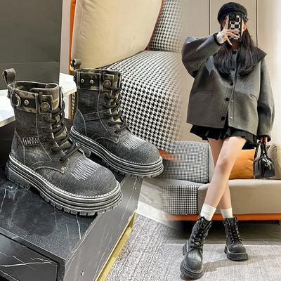 Lace-up Denim Canvas High Top Ankle Boots