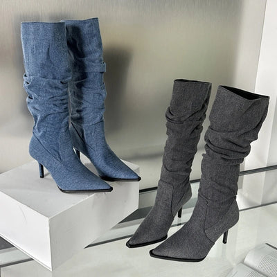 Denim Knee High Thin Heel Stiletto Boots