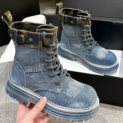 Lace-up Denim Canvas High Top Ankle Boots