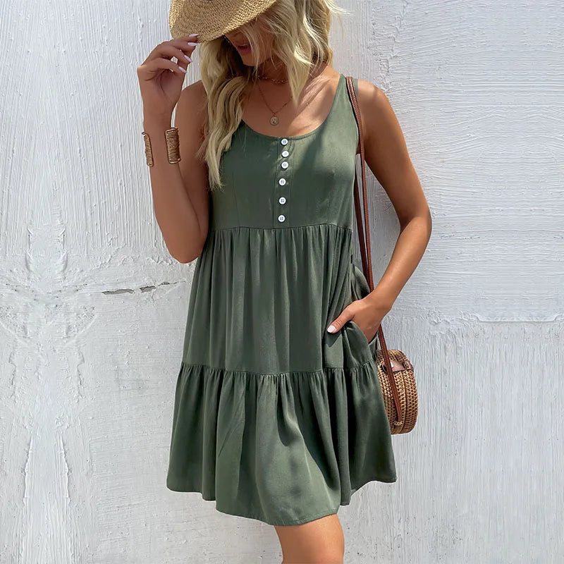 Ruffle Dress Solid Colour O Neck Sleeveless Smock Dress With Pocket