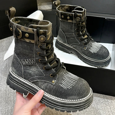 Lace-up Denim Canvas High Top Ankle Boots