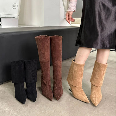 Western Style Suede Leather Knee High Boots
