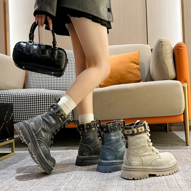 Lace-up Denim Canvas High Top Ankle Boots