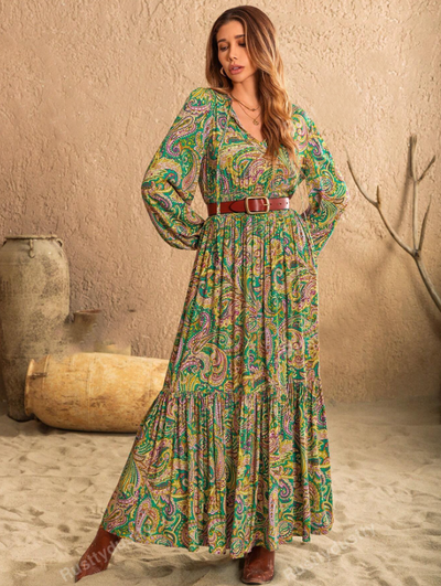 Elegant Bohemian Long Sleeve V Neck Paisley Maxi Dress - The Boho Body