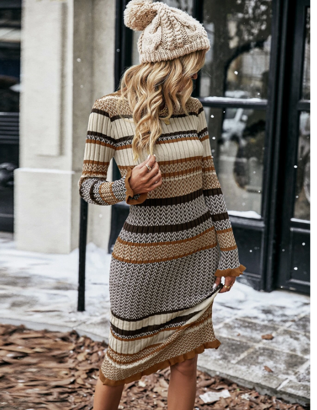 Cozy Striped Knitted Patterned Sweater Dress - The Boho Body