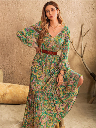 Elegant Bohemian Long Sleeve V Neck Paisley Maxi Dress - The Boho Body