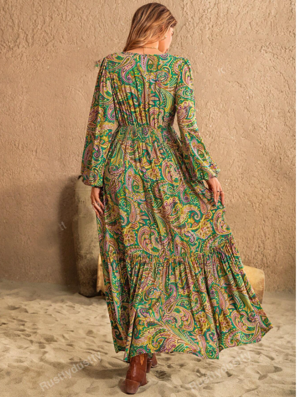 Elegant Bohemian Long Sleeve V Neck Paisley Maxi Dress - The Boho Body