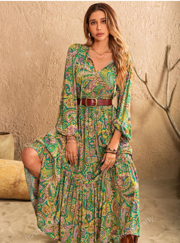 Elegant Bohemian Long Sleeve V Neck Paisley Maxi Dress - The Boho Body