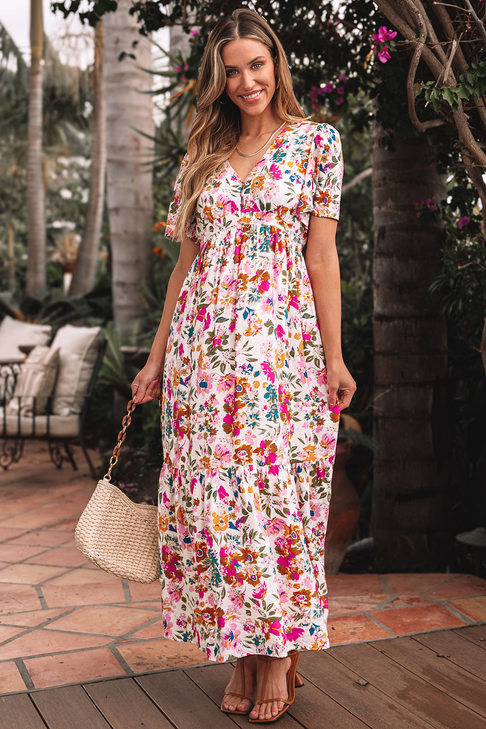 Red Floral Short Sleeve V Neck High Waist Maxi Dress - The Boho Body
