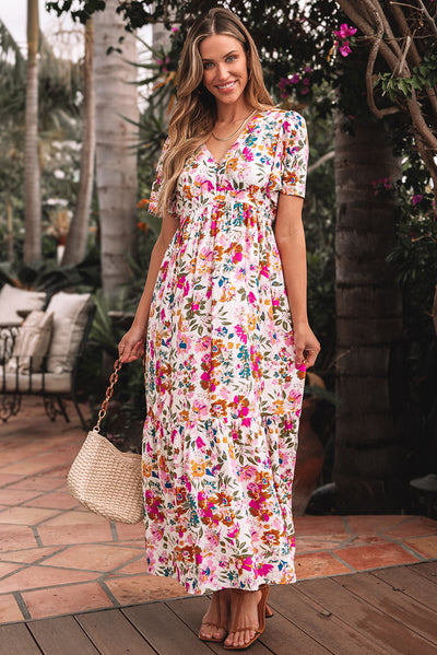 Red Floral Short Sleeve V Neck High Waist Maxi Dress - The Boho Body