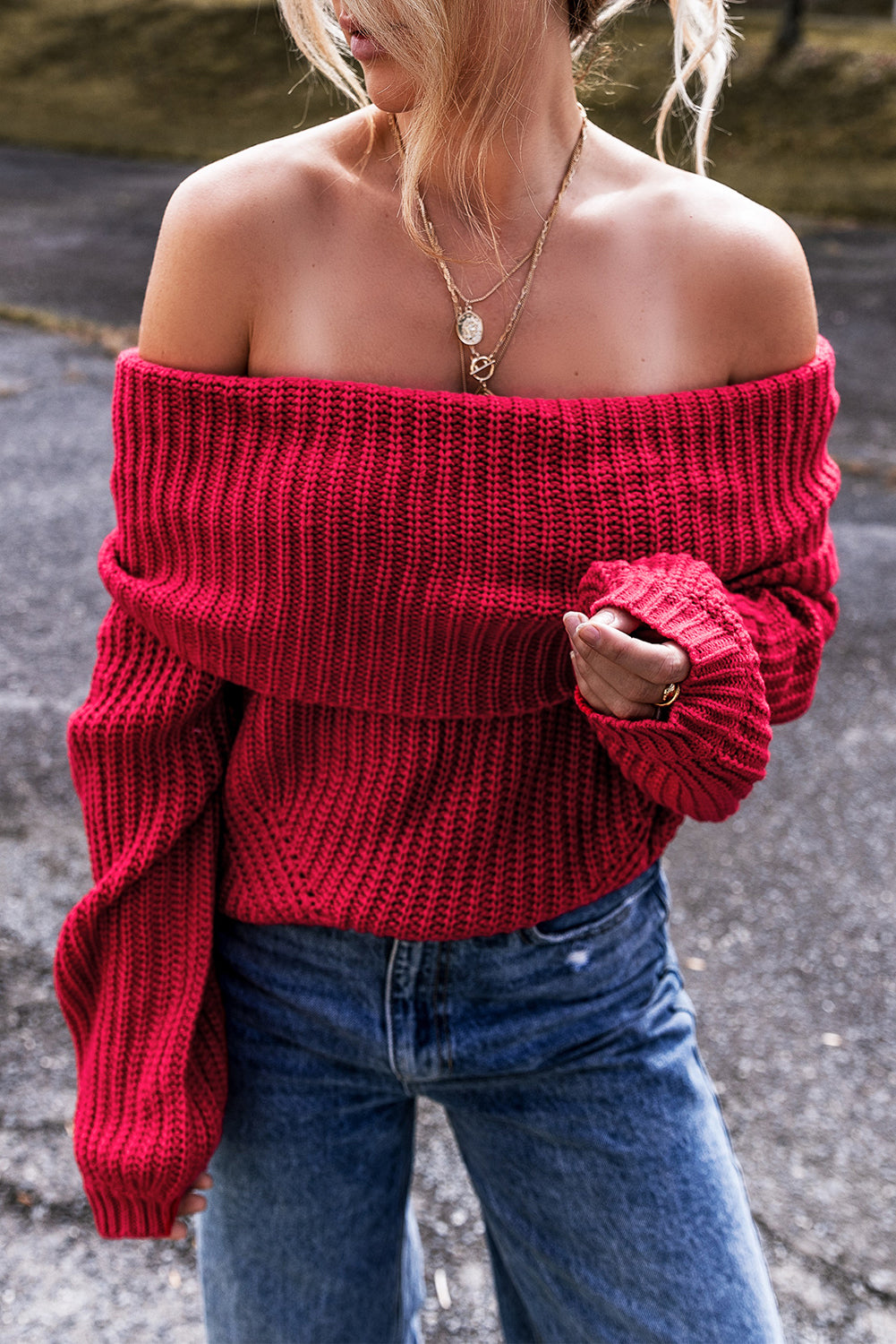 Fold Over Off-the-Shoulder Knit Sweater