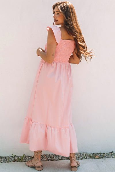 Black V Neck Flutter Sleeve Smocked Bodice High Waist Ruffle Maxi Dress - The Boho Body