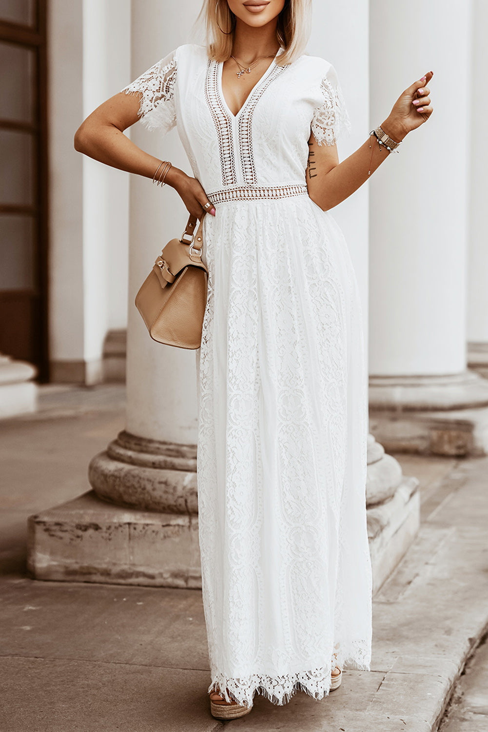 White V Neck High Waist Lace Maxi Dress - The Boho Body