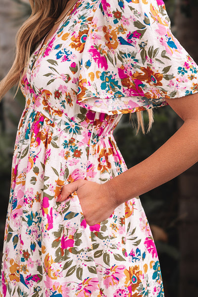 Red Floral Short Sleeve V Neck High Waist Maxi Dress - The Boho Body