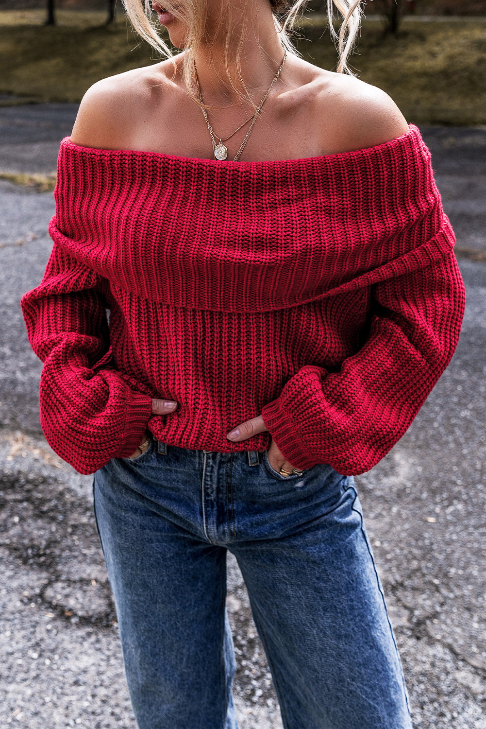 Fold Over Off-the-Shoulder Knit Sweater