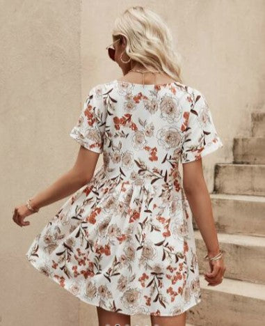 V-Neck Rusty Floral Print Batwing Sleeve Smock Dress - The Boho Body