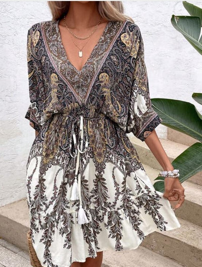 Paisley Print Batwing Sleeve Tassel Tie Boho Dress - The Boho Body