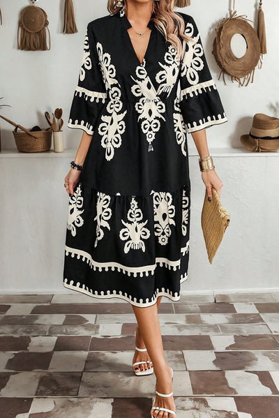 Black Geometric Print 3/4 Sleeve Loose Midi Dress - The Boho Body