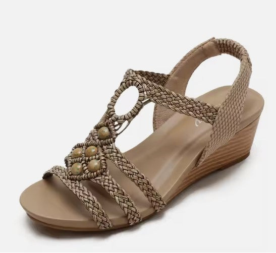 Bohemian Style Retro Woven Beaded Roman Wedge Sandal