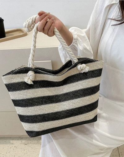 Black and White Striped Vacation Style Woven Beach Bag 