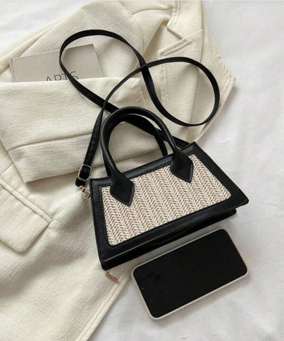 Top Handle Mini Straw Woven Black Tote Crossbody Bag - The Boho Body