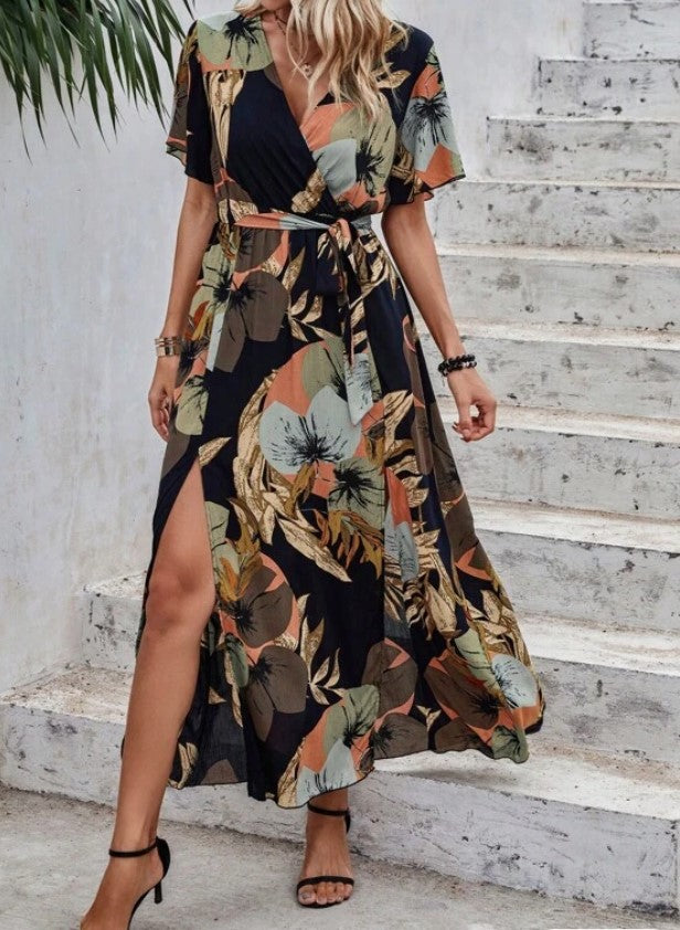 Tropical Floral Print Split Thigh Belted Maxi Dress 