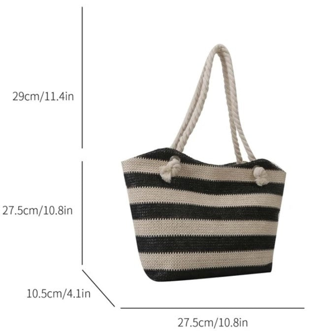 Black and White Striped Vacation Style Woven Beach Bag