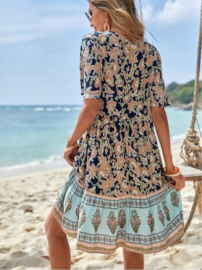 Floral Print Tie V-Neck Ruffle Hem Smock Midi Dress