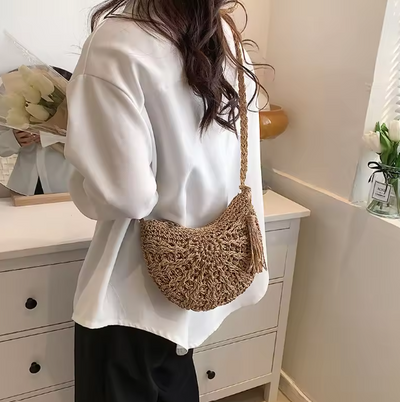 Boho Half-Round Weave Straw Tassel Bag - The Boho Body
