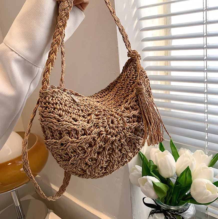 Boho Half-Round Weave Straw Tassel Bag - The Boho Body