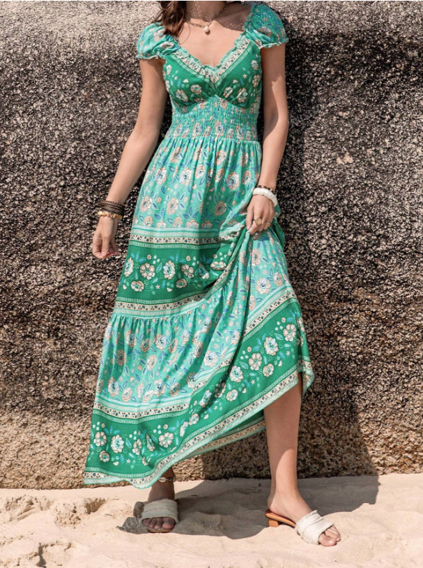 Floral Print Sweetheart Neckline Shirred Waist Boho Dress - The Boho Body