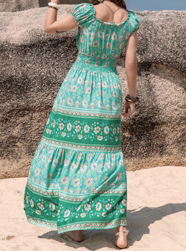 Floral Print Sweetheart Neckline Shirred Waist Boho Dress - The Boho Body
