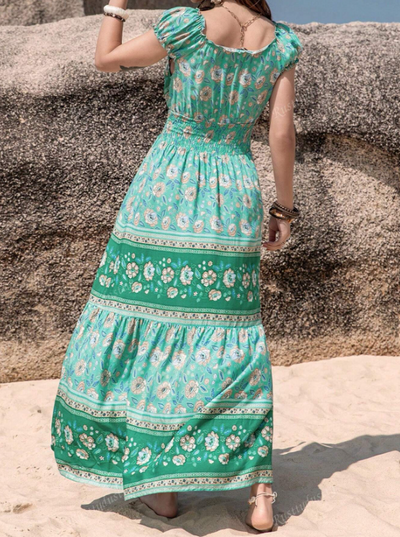 Floral Print Sweetheart Neckline Shirred Waist Boho Dress - The Boho Body