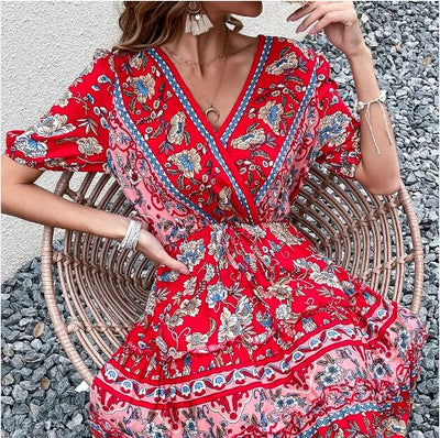 Bohemian V-neck Floral Short Sleeve Dress With Belt