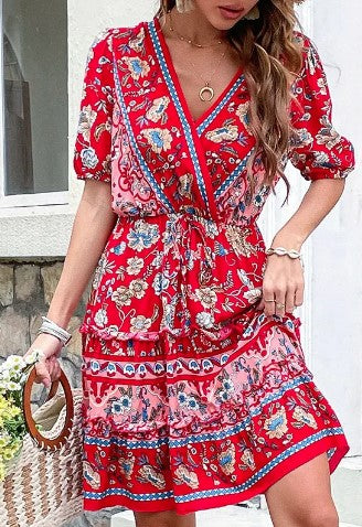 Bohemian V-neck Floral Short Sleeve Dress With Belt