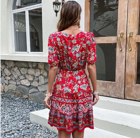 Bohemian V-neck Floral Short Sleeve Dress With Belt