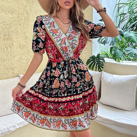 Bohemian V-neck Floral Short Sleeve Dress With Belt