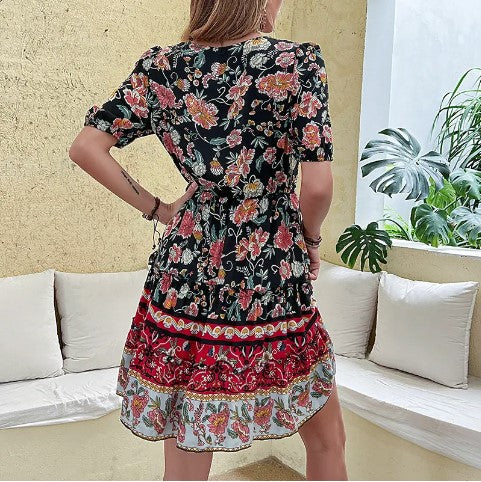 Bohemian V-neck Floral Short Sleeve Dress With Belt