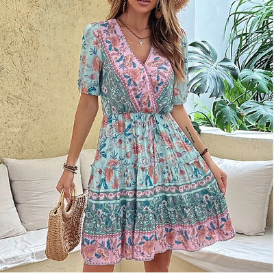 Bohemian V-neck Floral Short Sleeve Dress With Belt