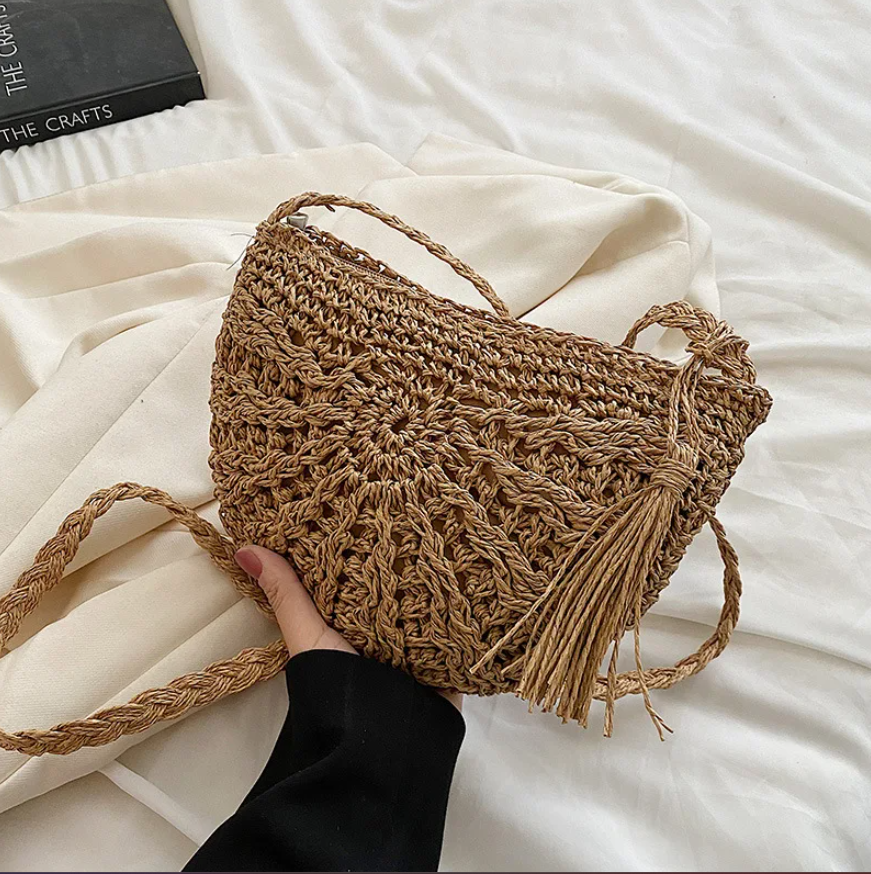 Boho Half-Round Weave Straw Tassel Bag - The Boho Body