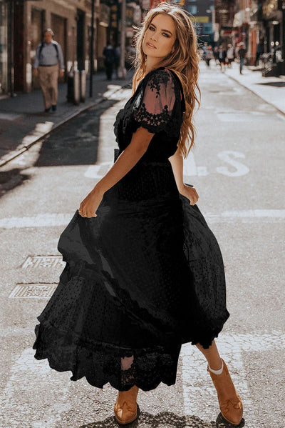 Black Dotty Lace Mesh Flowy Maxi Dress - The Boho Body