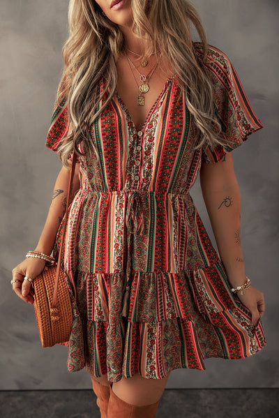 Red Bohemian Floral Print Buttoned V Neck Ruffle Tiered Dress - The Boho Body