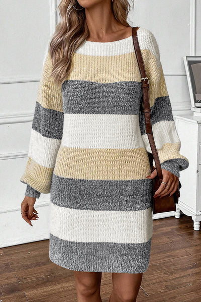 Grey Stripe Colour Block Bubble Sleeve Drop Shoulder Sweater Dress
