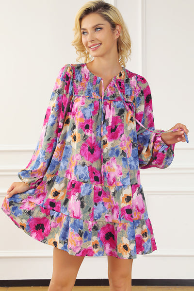 Multicolour Floral Tie Neck Bubble Sleeve Shift Dress - The Boho Body